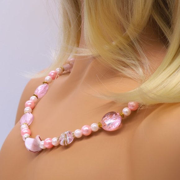 Necklace Pink Hand Blown Glass Beads. Lobster Clasp. - Picture 2 of 3